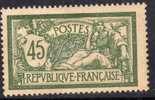 France  Type Merson N°143 X  45 C. Vert Et Bleu Assez Bon Centrage , Charnière Moyenne Sinon TB - 1900-27 Merson