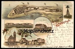 ALTE LITHO POSTKARTE GRUSS AUS LANGEOOG 1899 HOTEL MEINEN SEEZEICHEN HOSPIZ HOSPITZSTRASSE KIRCHE Ansichtskarte AK Cpa - Langeoog