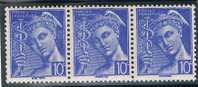 Mercure 10c Yvert 546, Bande De 3 Avec Deux Exemplaires Signature Détruite, ** - 1938-42 Mercure
