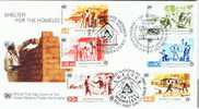 UN+ 1987 Genf Mi 154-55 New York Mi 520-21 Wien Mi 69-70 FDC Menschenwürdiges Wohnen - New York/Geneva/Vienna Joint Issues