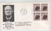 Canada FDC 12-8-1965 Block Of 4 Sir Winston Churchil With Cachet Sent To Denmark - 1961-1970