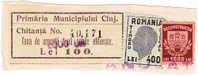 ROMANIA Fragment 1938 VERY RARE LOCAL POST TAX 100 LEI  CLUJ + 2 REVENUE Stamp - Fiscales