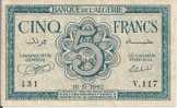 - ALGERIE - BILLETS - CINQ FRANCS - 16 - 11 - 1942 - N° 431 - V .117 - - Algérie