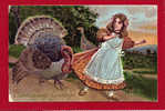 Embossed, Turkey Pulling On Girls Dress, Thanksgiving Greeting.  1908 - Thanksgiving