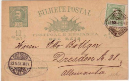 PORTUGAL - CARLOS 1° - CARTE ENTIER POSTAL De LISBONNE Pour DRESDEN (ALLEMAGNE) - 1905 - Enteros Postales