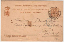 LUXEMBOURG - 1883 - CARTE POSTALE ENTIER -  LUXEMBOURG Pour PARIS - Postwaardestukken