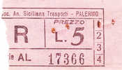 PALERMO  1950 / 60  - BIGLIETTO PER AUTOBUS -   Lire 5  - R   Serie  " AL "  Rosa - Europe