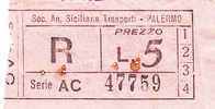 PALERMO  1950 / 60  - BIGLIETTO PER AUTOBUS -  Lire 5  - R   Serie  " AC " - Europa