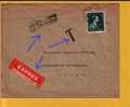 696 Op EXPRES Brief Telegraafstempel IEPER, Stempel IN DE BUS GEVONDEN En "T" Stempel , Rare Strafport Op EXPRES-brief ! - 1936-1957 Offener Kragen