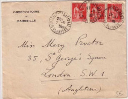 TYPE PAIX - Yvert N° 283g X 3 Sur LETTRE De MARSEILLE Pour LONDRES (ANGLETERRE) ! - 1936 - - 1932-39 Frieden