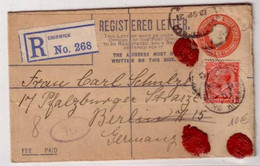 GRANDE BRETAGNE - ENVELOPPE ENTIER POSTAL RECOMMANDEE De CHISWICK Pour BERLIN (ALLEMAGNE) - COMPLEMENT 1 Penny  - 1921 - Brieven En Documenten