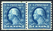 US #496 XF Mint Never Hinged 5c Washington Coil Pair From 1917 - Rollen