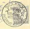 Sweden PPC Deluxe Stockholm 19-8-1955 JEHOVAS VITTNENS Internat. Konvent Cancel On Postcard To Denmark - Brieven En Documenten