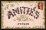 CPA  ANCIENNE- FRANCE- ORBEC (14)- AMITIÉS D'ORBEC- LETTRES BÛCHES AVEC DECOR  DE BRILLANTS- FOND ROSE - Orbec