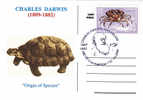 Charles Darwin,obliteration 2009 "Origin Of Species" Postcard  Romania. - Tortues