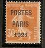 FRANCE - PRÉOBLITÉRÉS - 1921 - POSTES PARIS 1921 - Yvert # 29 - UNUSED (no Gum) - - 1893-1947