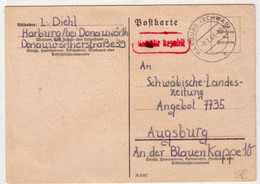BADEN WÜRTTEMBERG - GEBÜHR BEZAHLT - TAXE PERCUE - 1946 - CARTE  De HARBURG (SCHWAB) - Wurtemberg