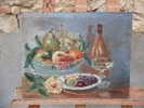 - COUPE DE FRUITS . HUILE SUR PANNEAU SIGNE ARDENNES . AU DOS : EXPO 1948 CERCLE ARTISTIQUE ET LITTERAIRE VILLENEUVOIS - Oils