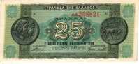 GREECE  25 DRAHMAI  GREEN ANCIENT COIN FRONT &  MOTIF BACK  DATED 10-?-1944  P? AUNC READ DESCRIPTION !!! - Grèce