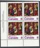 1976 Canada Sc. # 697 Christmas Nativity Stained Glass Window At Church,  Lower Left Inscription Block Of 4 MNH - Blokken & Velletjes