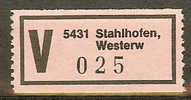V-Zettel, 5431 Stahlhofen, Bei Montabaur (Westerwald) - 4-stellige PLZ - R- & V- Vignetten