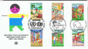 UNG UNW UNY+ 1987 Genf Mi 161-62 New York Mi 542-43 Wien Mi 77-78 FDC Kinderschutzimpfung - New York/Geneva/Vienna Joint Issues