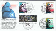 UNG UNW UNY+ 1989 Genf Mi 175 New York Mi 573-74 Wien Mi 91 FDC UN-Friedenstruppen - New York/Geneva/Vienna Joint Issues