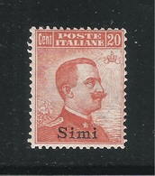 SIMI - Egeo - Possedimenti Italiani - 1917-22 - Valore Nuovo Con T.l. Da 20 C .soprastampato - In Buone Condizioni. - Ägäis (Simi)