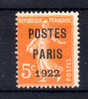 Préoblitéré Poste De Paris 1922, 30**sans Gomme, Cote 20  € - 1893-1947