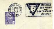 VACHE / OBLITERATION MECANIQUE  VARENNES SUR ALLIER / 1953 / SON CONCOURS AGRICOLE / AGRICULTURE - Vacas