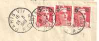 Marianne Gandon 6 Francs Surchargé 5 F, Mêches Reliées état 4 (timbre De Droite)- Lettre Entière (H189) - Sin Clasificación