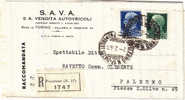 PALERMO  / CITTA´ - Piego R. Pubbl. 2.2.1943  "S.A.V.A. Vendita Autoveicoli " Imperiale Lire 1,25 + 25 C. - Reklame