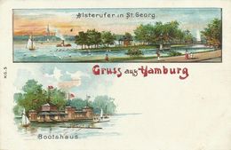 AK Hamburg St. Georg Alsterufer  & Bootshaus Farblitho ~1900 #79 - Mitte