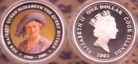 COOK  ISLANDS  $1 QUEEN MOTHER  FRONT COLOURED QEII  BACK 2002 AG SILVER  PROOF READ DESCRIPTION CAREFULLY !!! - Cookeilanden