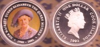 COOK  ISLANDS  $1 QUEEN MOTHER  FRONT COLOURED QEII  BACK 2002 AG SILVER  PROOF READ DESCRIPTION CAREFULLY !!! - Cookinseln