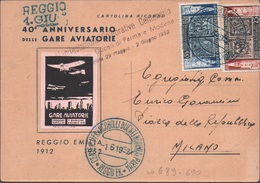 CARTOLINA 40° ANNIVERSARIO GARE AVIATORIE REGGIO EMILIA 1912 - ANNULLO CENTENARIO FRANCOBOLLI DUCATI MODENA E PARMA 1952 - Airmail