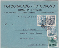 ESPAGNE - 1951 - LETTRE COMMERCIALE (PHOTOS) PAR AVION DE BARCELONA POUR FRANKFURT - TIMBRE DE BIENFAISANCE - Cartas & Documentos