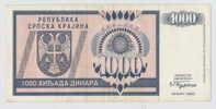 CROATIA -  KROATIEN;  1000 Dinara 1992 VF  * REPUBLIC SERBIAN - KRAJINA  - KNIN ISSUE - Kroatien