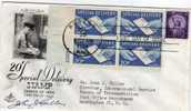 U.S.A: 1954 Très Belle Fdc Bloc De 4 Coin De Feuille Numéroté "Special Delivery"   Boston - Brieven En Documenten