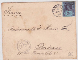 GB - 1888 - YVERT N° 95 SEUL Sur LETTRE De RAMSCATE Pour BORDEAUX - AMBULANT De JOUR CALAIS à PARIS 2° C - Cartas & Documentos