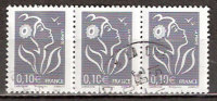 Timbre France Y&T N°3965x3 (1) Bande De 3 Obl. Marianne De Lamouche, 0.10 € . Gris. Cote 0.30 € - 2004-2008 Marianne (Lamouche)