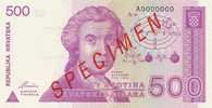 CROATIA -  KROATIEN:   500 Dinara, 1991  UNC   *P-21s  *SPECIMEN*  VERY RARE !!! - Croacia