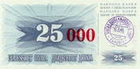 BOSNIA:  25 000 Dinara On 25 Dinara, 1993 UNC *P-54b *13mm High Red Zeroes - 15.10.1993 - Bosnië En Herzegovina
