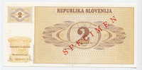 SLOVENIA - SLOWENIEN:  2 Tolarja 1990  UNC *SPECIMEN*  Official Specimen Note With All AA00000000 Ser. # - Slovenia