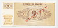 SLOVENIA - SLOWENIEN:  2 Tolarja 1990  UNC *SPECIMEN*  Official Specimen Note With All AA00000000 Ser. # - Slovenië