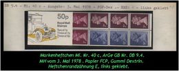 Grossbritannien - Mai 1978, 50 P Markenheftchen, Mi. Nr. 40 B C. - Carnets