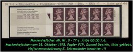 Grossbritannien - Oktober 1978 - 70 P. Markenheftchen Mi. Nr. 0-77 E, Links Geklebt. - Markenheftchen