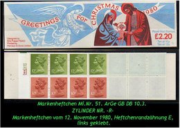 Grossbritannien – November 1980, 2.20 Pfund. Markenheftchen Mi. Nr. 51, Links Geklebt. Zylindernummer !! - Carnets