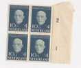 1954 -NEDERLAND PAYS-BAS- PLESMAN- Bloc De 4 Timbres - 10 C + 4 C -bleu - Yvert & Tellier N°625 - Neufs