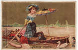 CHROMO Chocolat Louit Enfants Couple Plan D´eau Barque Rames Parasol Canards "Quelle Douche" Chute - Louit